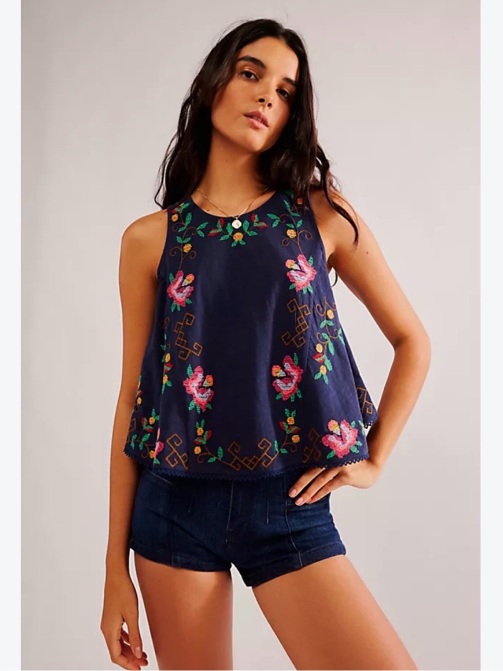 Free People Embroidered Navy Floral Sleeveless Women's Top